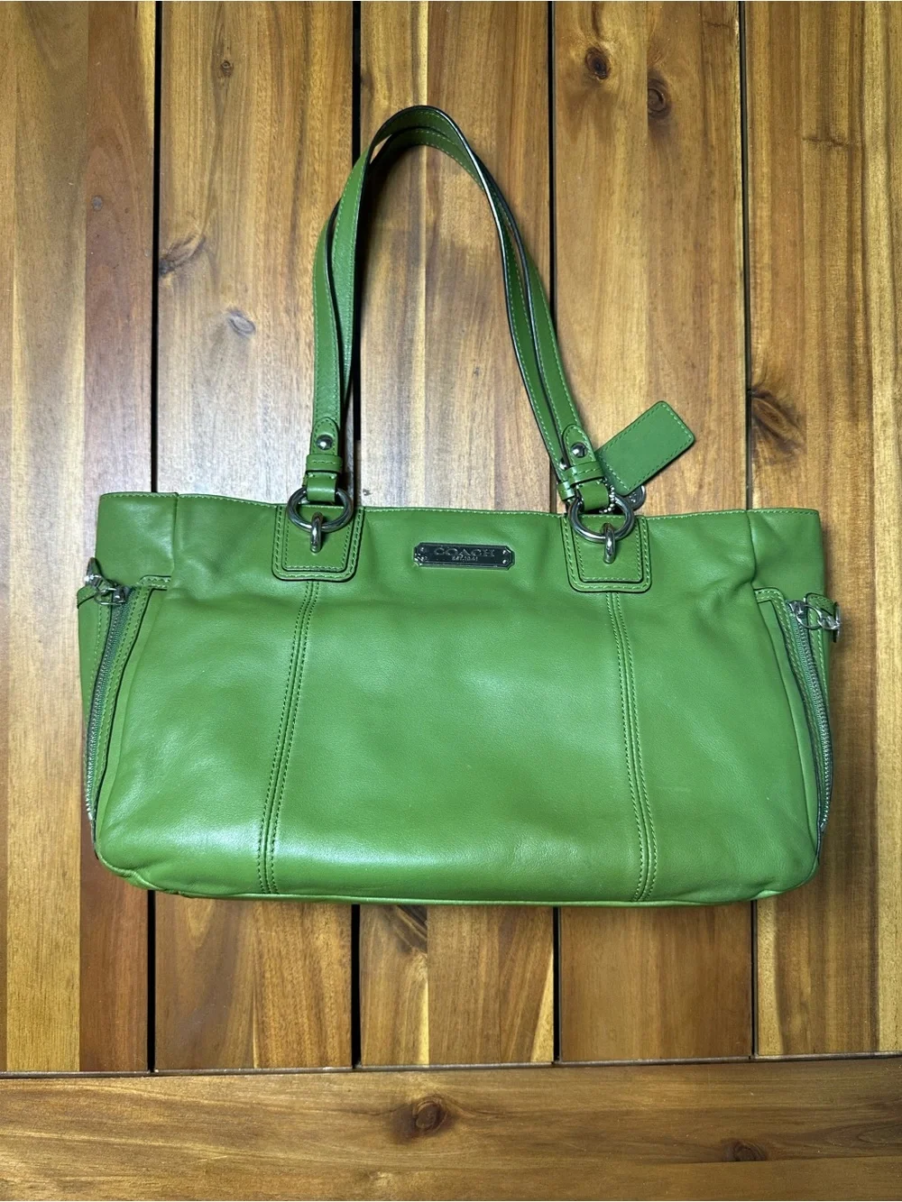 Coach Green Leather Gallery Shoulder Tote with Silver Hardware
